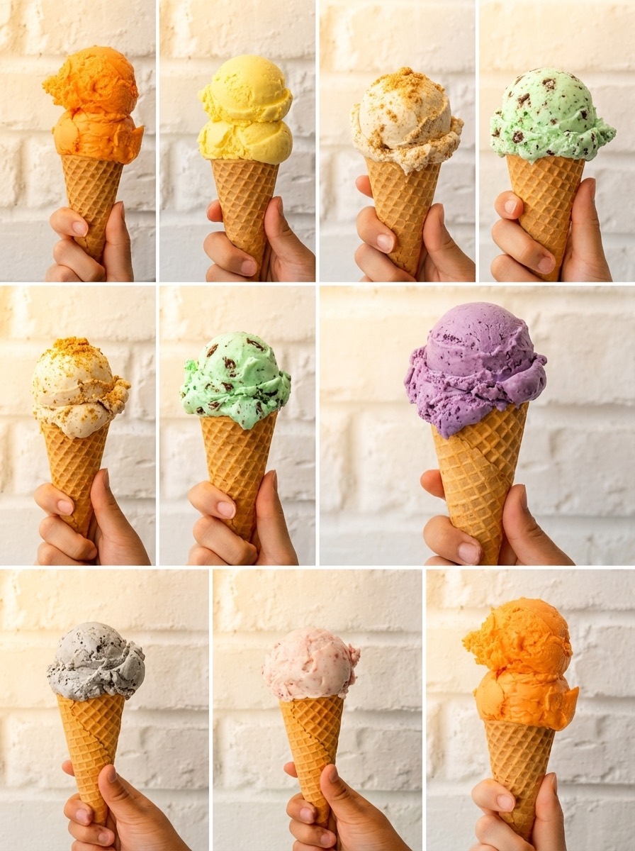 A colorful lineup of Sunny Ice Cream's house-made ice cream cones